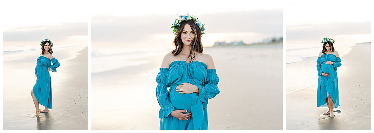 maternity photos with mom in flower crown on NC beach