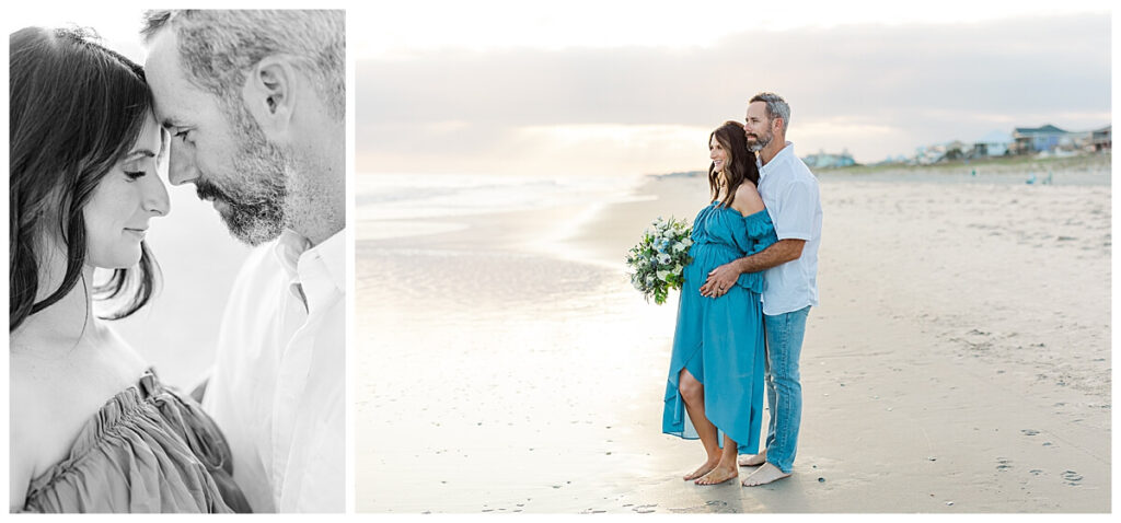 maternity photos with mom in flower crown on NC beach with husband in jeans and white shirt