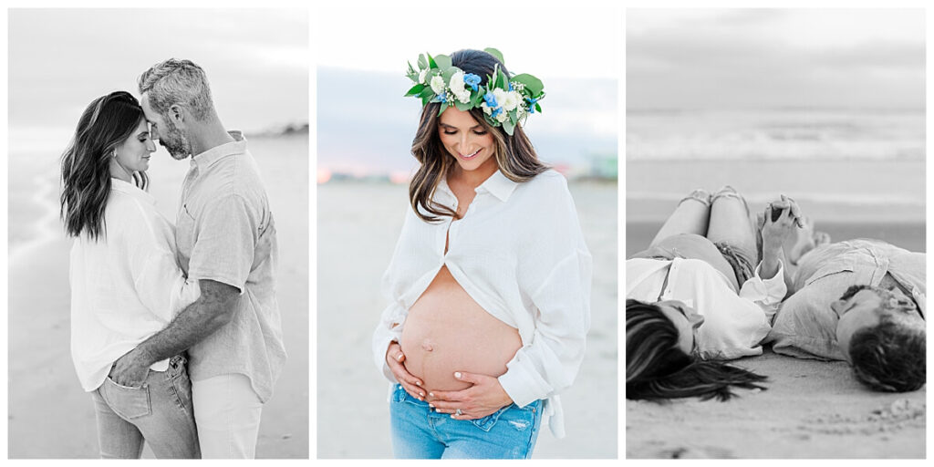 maternity photos with mom in flower crown on NC beach with white shirt and jeans with husband