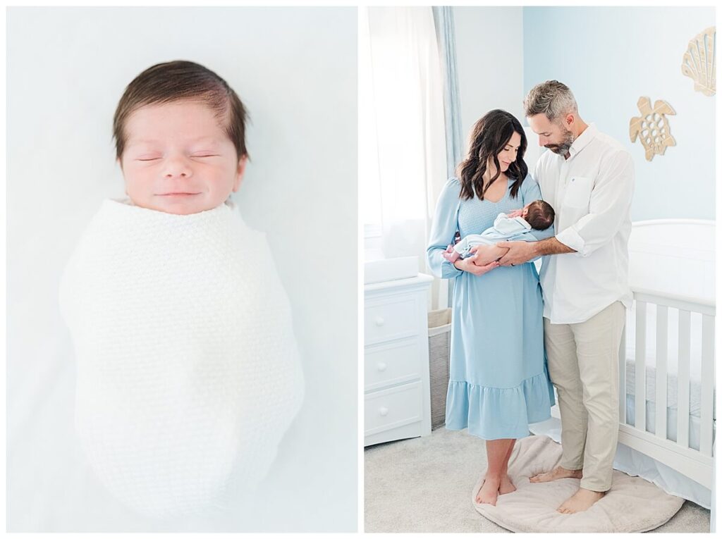 newborn photos with baby boy in blue nursery with parents