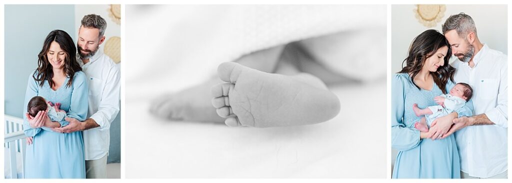 newborn photos with baby boy in blue nursery with parents