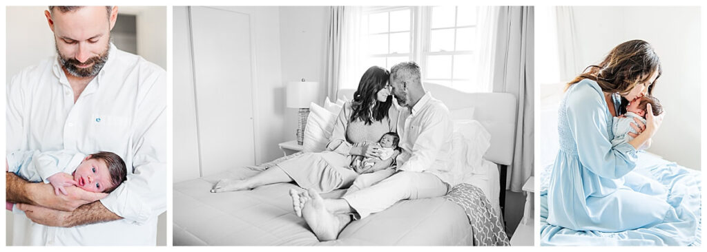 newborn photos with baby boy in blue nursery with parents