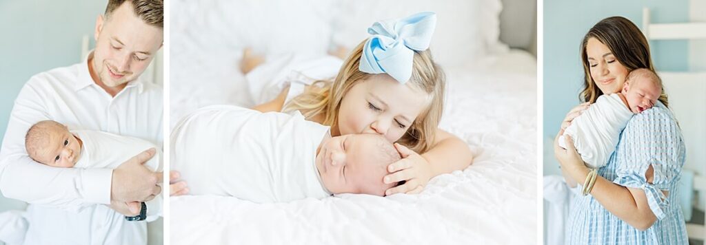 baby photographer Goldsboro parents and sibling kissing newborn baby boy