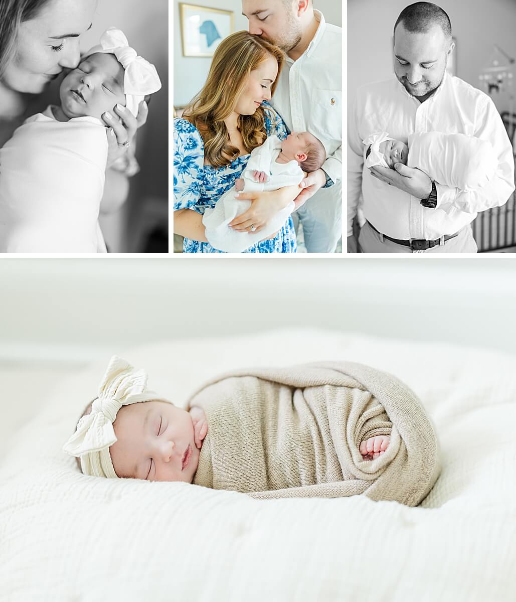 newborn baby girl photos with mom and dad and swaddled