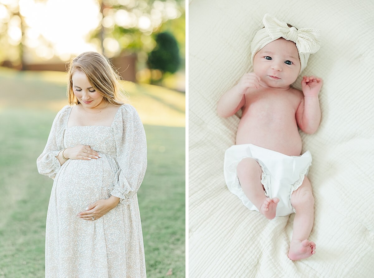 maternity mom holding belly at sunset and awake newborn baby girl with bow