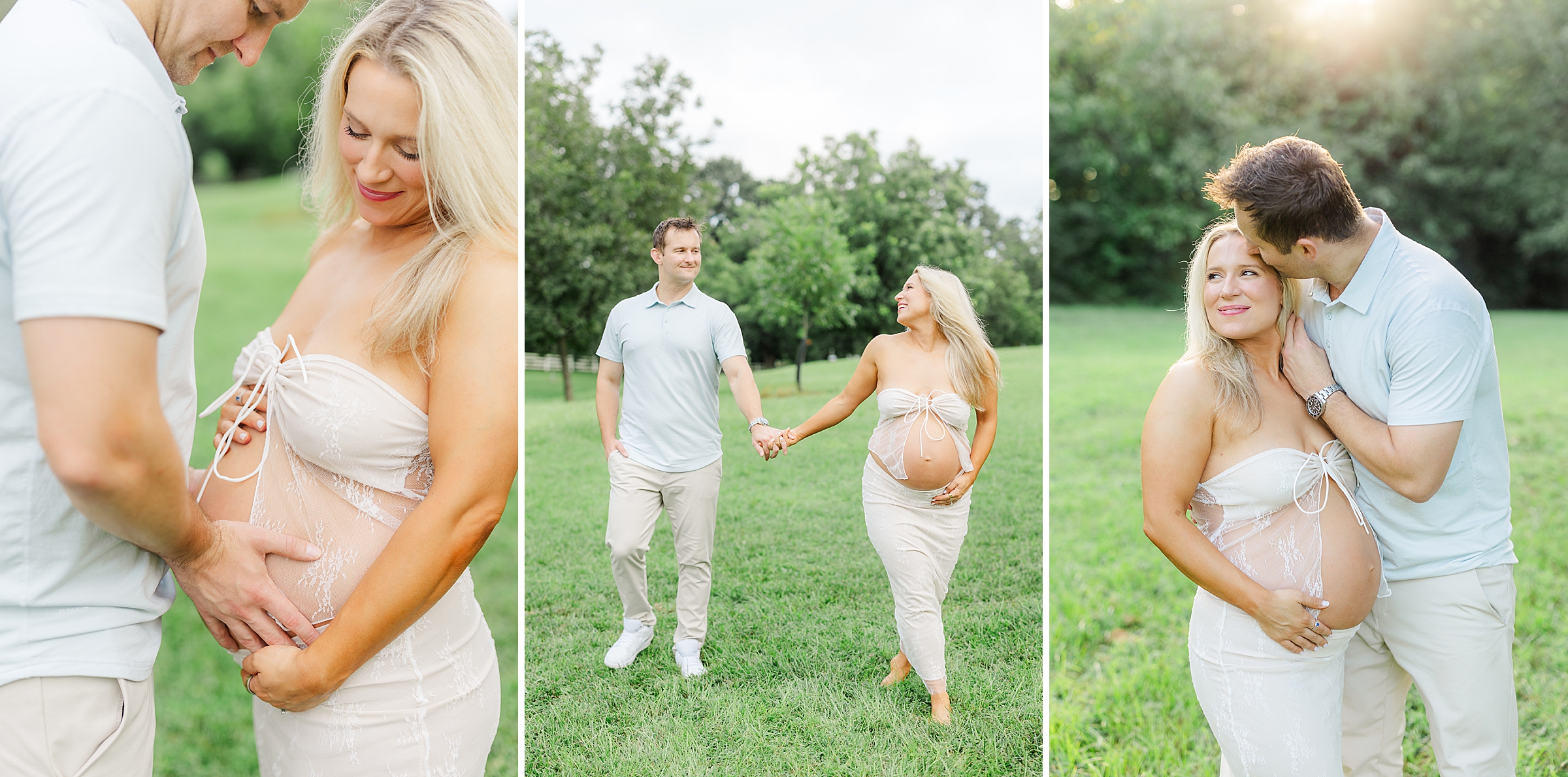 couple maternity photos at historic oak view county park in belly out maternity dress